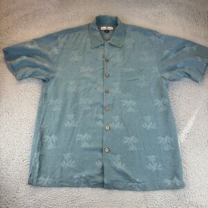 Tommy Bahama Button Up Shirt 100%‎ Silk Floral Palm Teal Men's Large Loop Collar